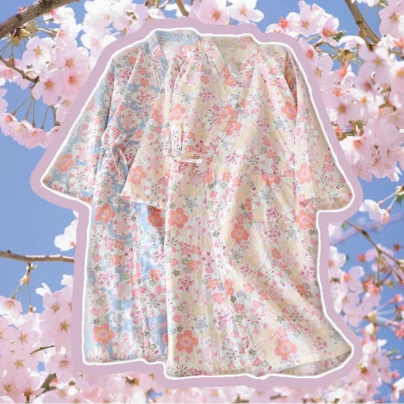 Pigiama stile kimono giapponese per la casa Accappatoio Accappatoio Primavera Estate Salotto Manica a 3 quarti Indumenti da notte in cotone Stampa Sakura