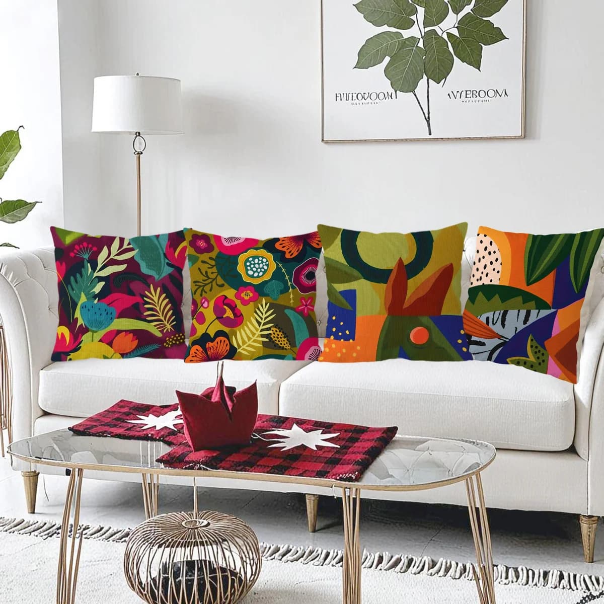 Vibrant Abstract Tropical Print Pillow Covers Set 4 Piece Boho Cushion Throw Pillows for Sofa Decor Modern Geometric Patterned A