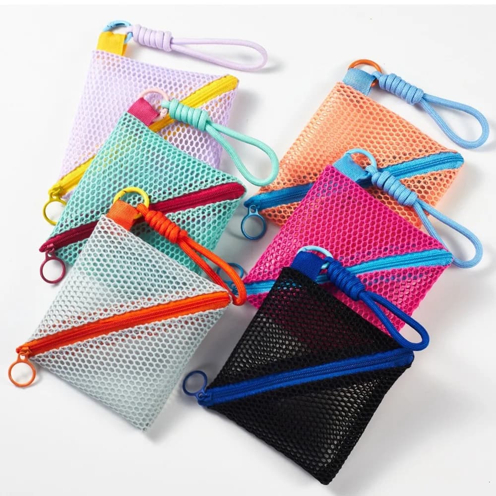 Borsa per cosmetici in rete leggera Kawaii Borse per chiavi portamonete multifunzionali color dopamina