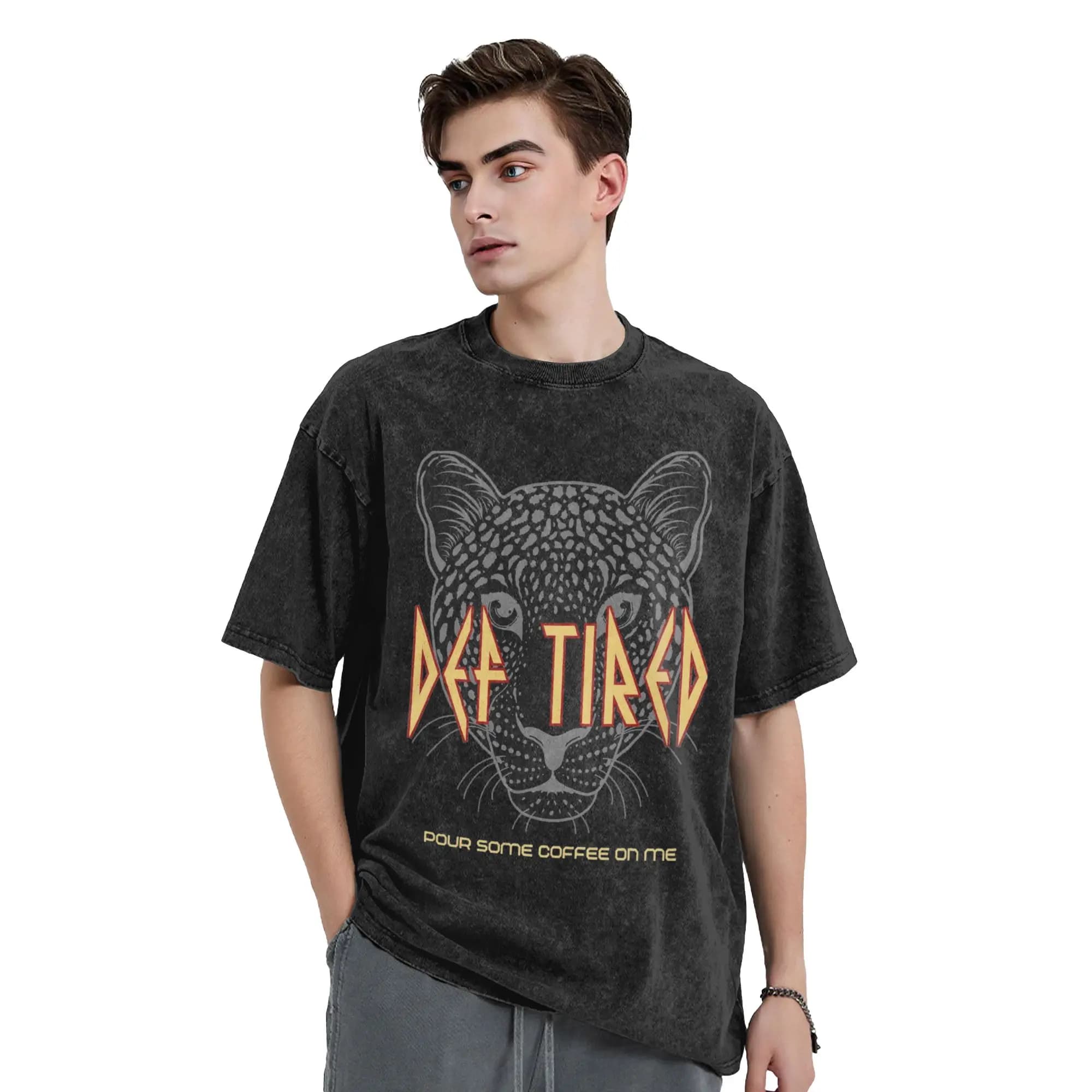 Hip Hop Def Tired Leopard Pour Some Coffee on Me Rock N Roll Vintage Washed T-Shirt Men's Cotton Short Sleeve Crewneck Clothing