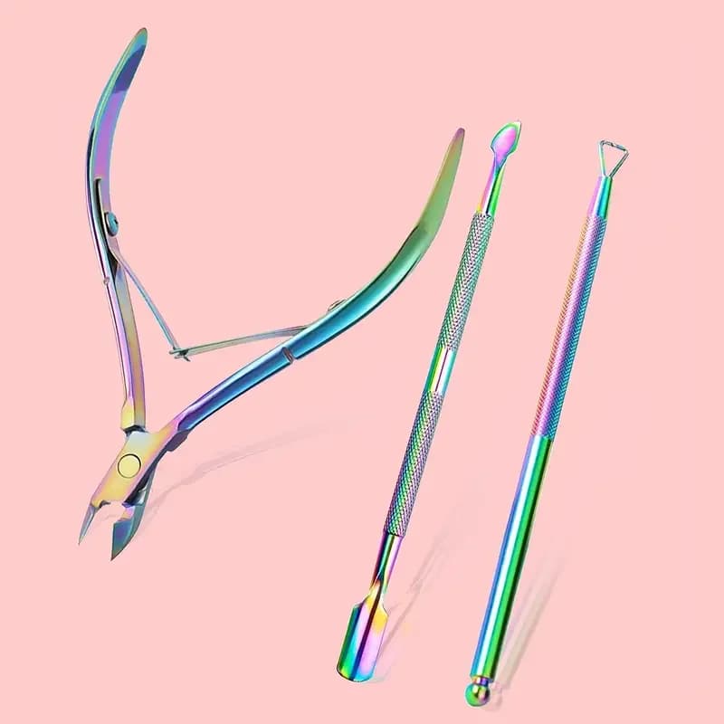 Set di pinze e spingitori per cuticole in acciaio inossidabile da 3 pezzi - Colore arcobaleno - Kit di strumenti per manicure per unghie dei piedi e delle mani