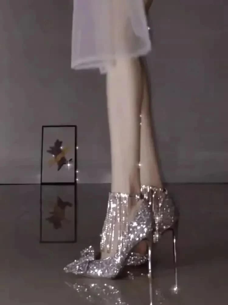 New Women Silver High Heels Pointed Toe Butterfly Bow Rhinestone Chain Thin Stiletto Elegant Wedding Dress Shoes For Skirts