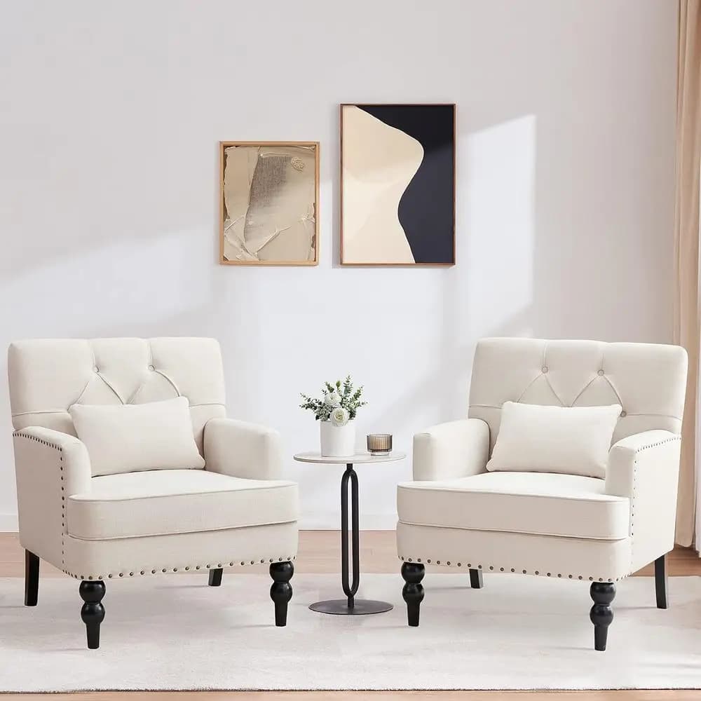 Tuted Club Chair Set o 2,Accent Chair with Lumbar Pillow, Upholstered Button Armchair, abric Soa Chairs or Bedroom, Living Room,