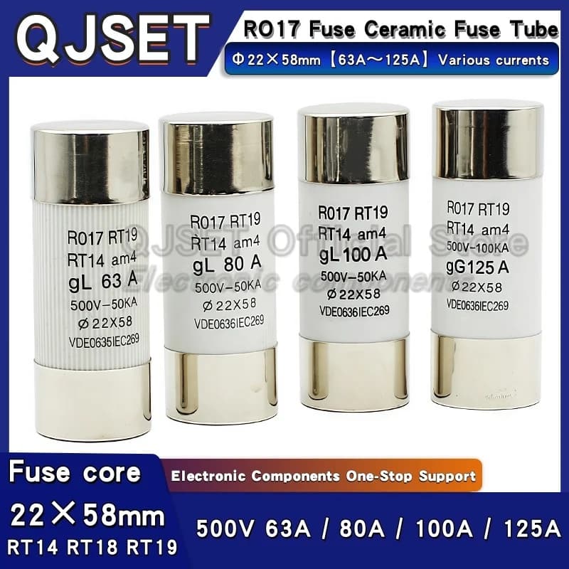 5 pezzi QJSET RO17 Tubo fusibile ceramico R017 Disconnessione rapida Fusibile solare fotovoltaico 22X58mm 500V 63A 80A 100A 125A RT14 RT19 RT18-125 22*58mm