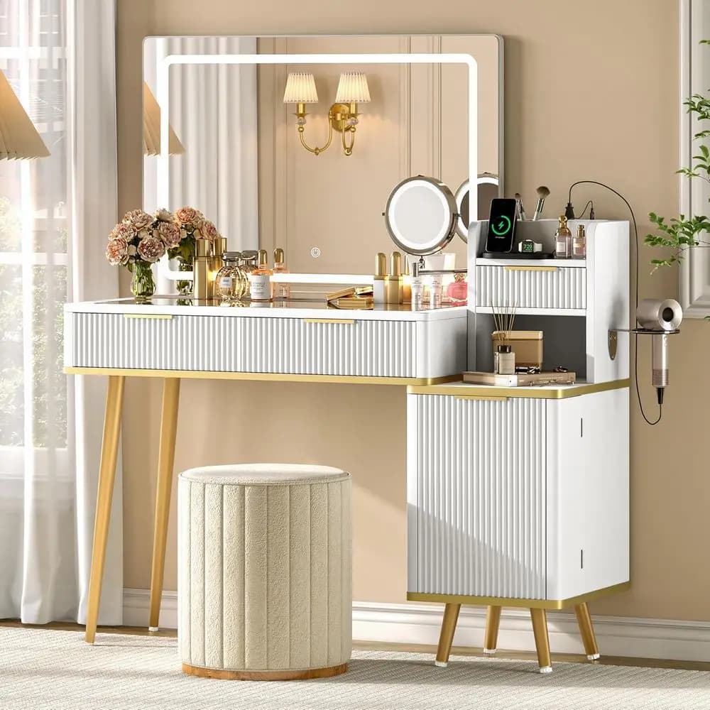 47 LED Lighted Vanity Desk with 5X Mirror, USB Charging, Hair Dryer Holder, Adjustable Shelves, White