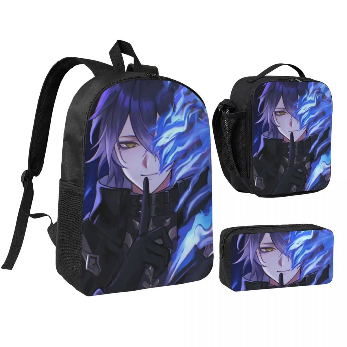 Zaino Genshin Impact per Ragazzi e Ragazze, Borsa per Libri, Borsa Scolastica, Borsa a Tracolla per Computer, Set 3 Pezzi con Borsa Termica per il Pranzo e Astuccio