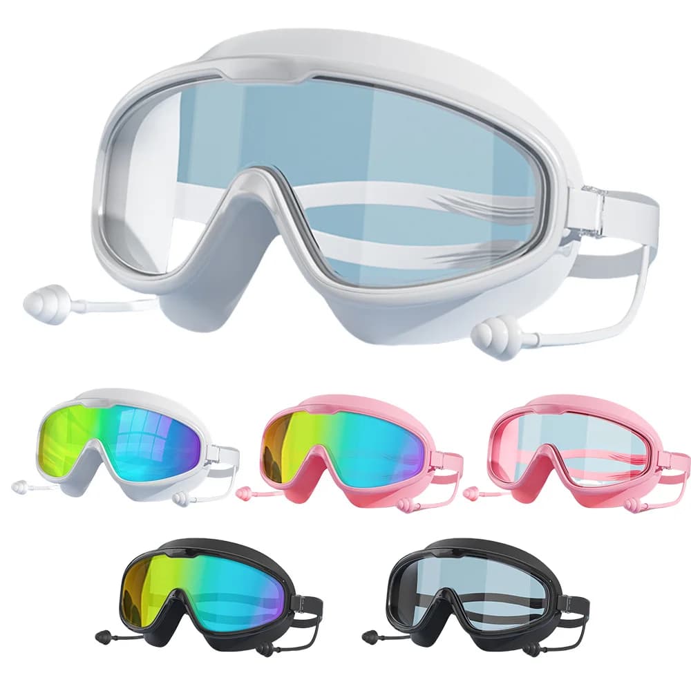 Unisex Large Frame Swim Goggles Built‑in Silicone Earplugs Leakproof for Adults Pool Beach Snorkeling Island Vacation