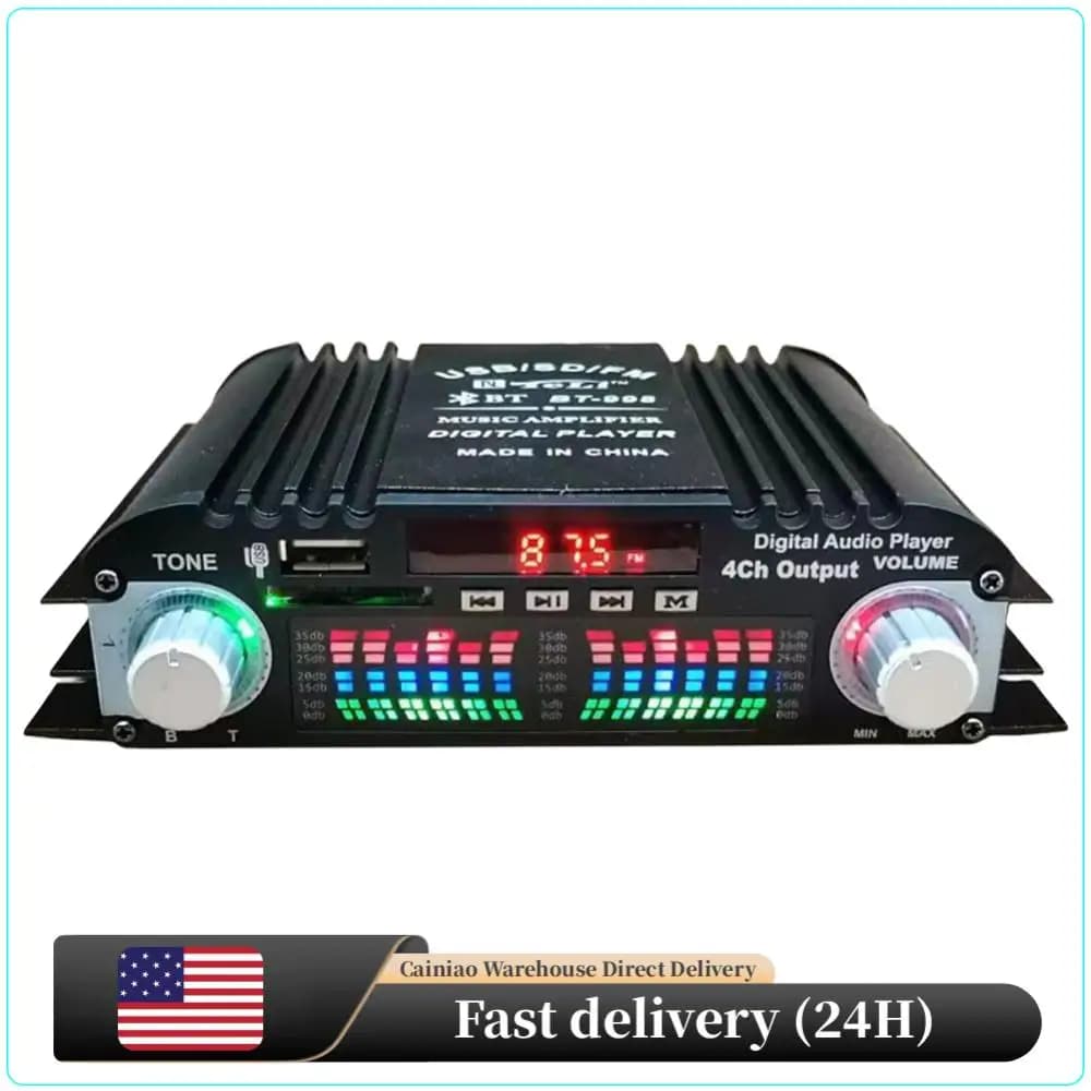 Amplificatore Auto Universale TELI BT-998 a 4 Canali in Lega di Alluminio, Design Sottile con Bluetooth/USB/SD/FM, Telecomando, Potenza di Picco 400W×4