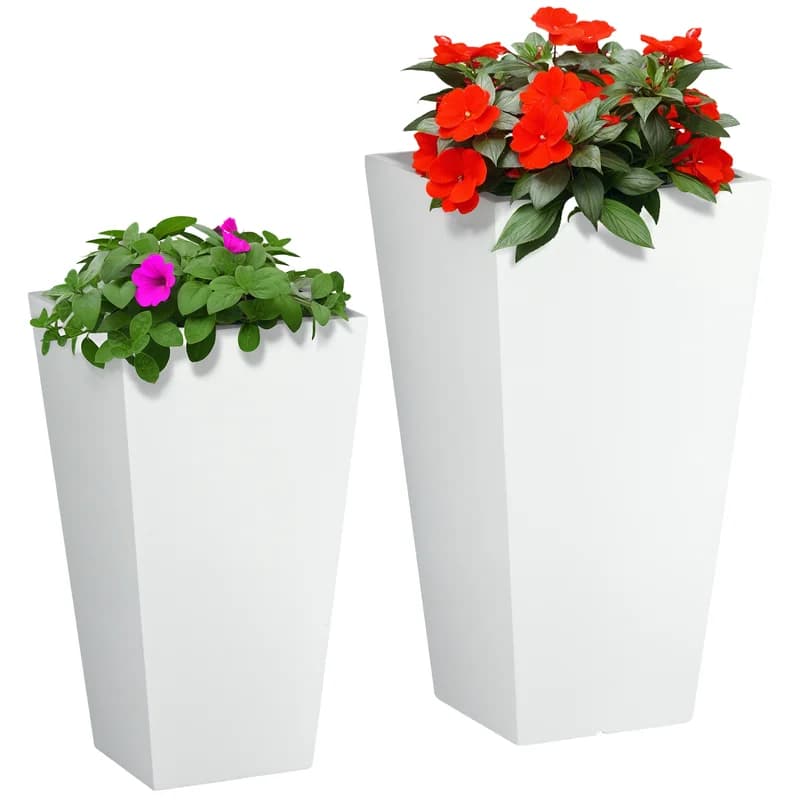 Set di 2 fioriere da esterno, vasi per fiori con fori di drenaggio, vaso per piante resistente e impilabile, 22 pollici e 18 pollici, per veranda, E