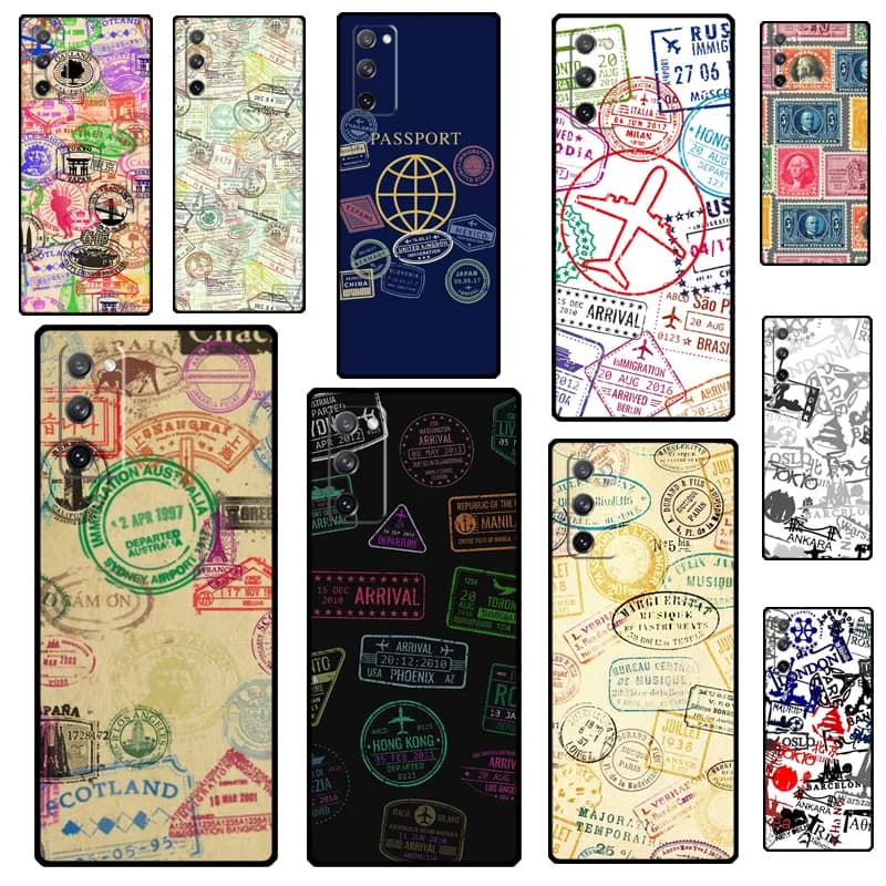 Cover Posteriore per Samsung Galaxy S26 Ultra S25 S24 S23 S22 S21 Ultra Plus S10 S20 FE S25 FE con Stampa Passaporto e Timbri di Viaggio