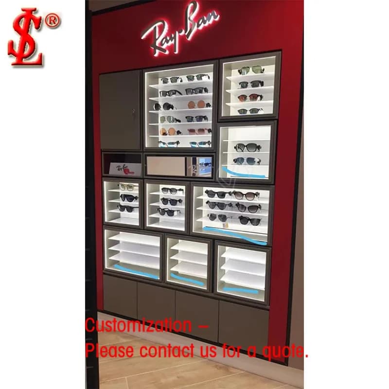 Espositore da parete per occhiali da sole personalizzato per la vendita al dettaglio di articoli di moda con cassetto portaoggetti, design d'interni per negozi di ottica.