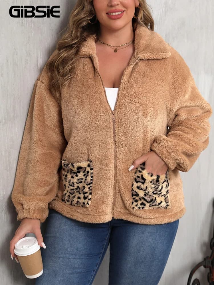 GIBSIE Plus Size Autunno e Inverno Cappotto Teddy a maniche lunghe Donna 2025 Street New Fashion Giacca calda con cerniera con tasche leopardate