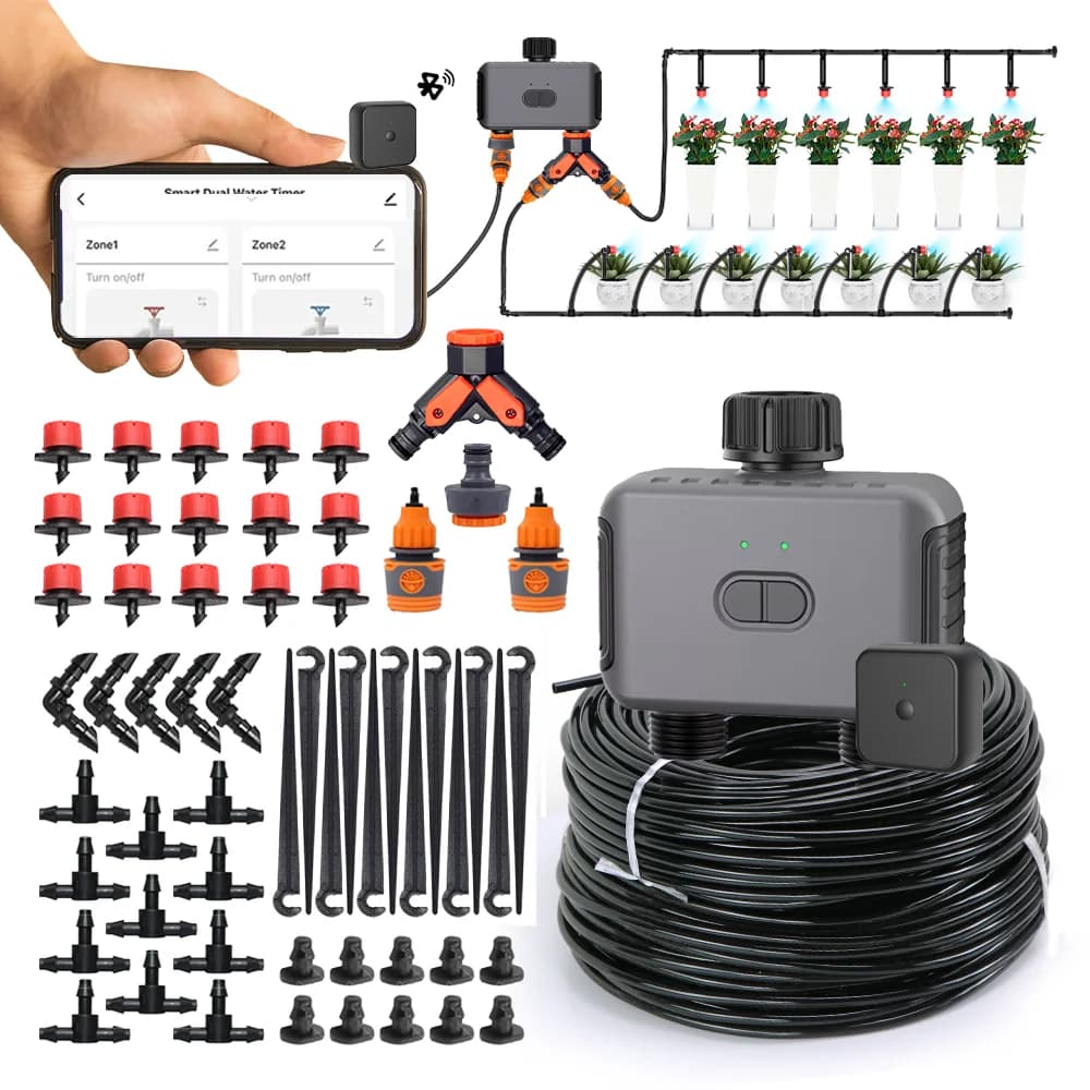 Automatic Garden Irrigation System with Bluetooth APP Remote Control, Timer, 1/4''' Tube and 8 Hole Adjustable Irrigator