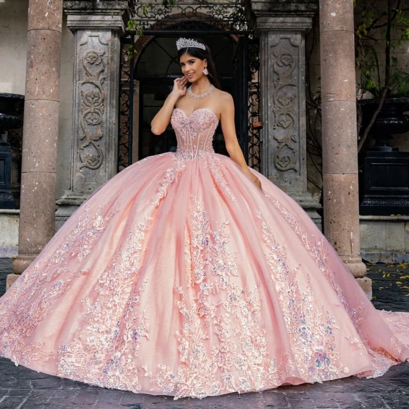 Abito da ballo rosa lucido con spalle scoperte Abiti Quinceanera Appliques Perline di pizzo Tull di cristallo Abito dolce 16 abiti 15 De Anos