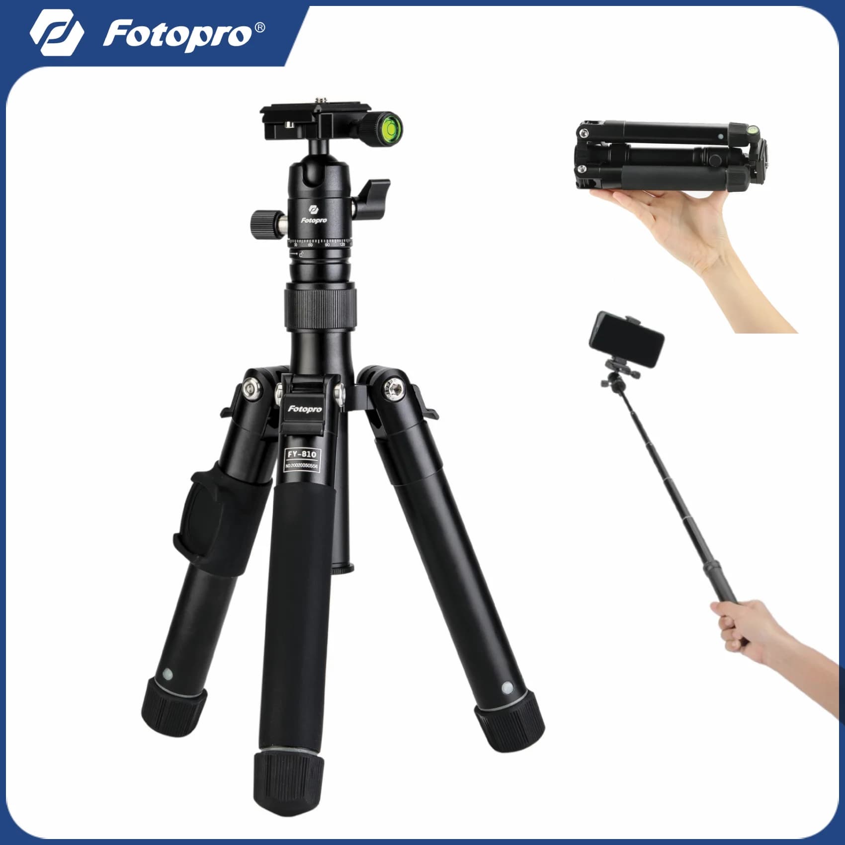 Treppiede per telefono Fotopro Mini fotocamera Treppiede da viaggio leggero da 140 cm con supporto per telefono con testa a sfera Bastone selfie staccabile FY810