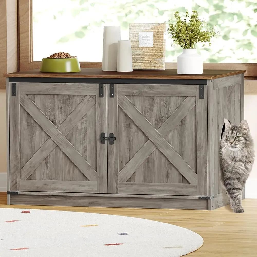 Mobiletto per lettiera imbottito, mobile per gatti nascosto con divisori rimovibili, ingresso reversibile, grigio beige