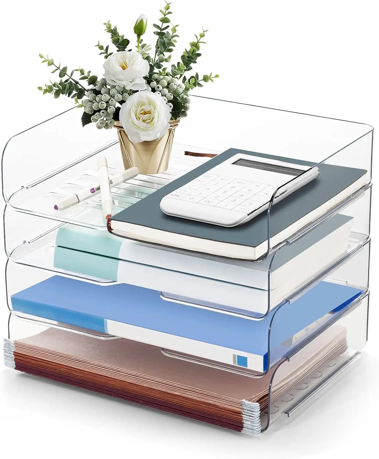 Organizzatore da scrivania trasparente a 4 livelli impilabile per documenti, libri, riviste - Forniture per ufficio (trasparente, confezione da 4)