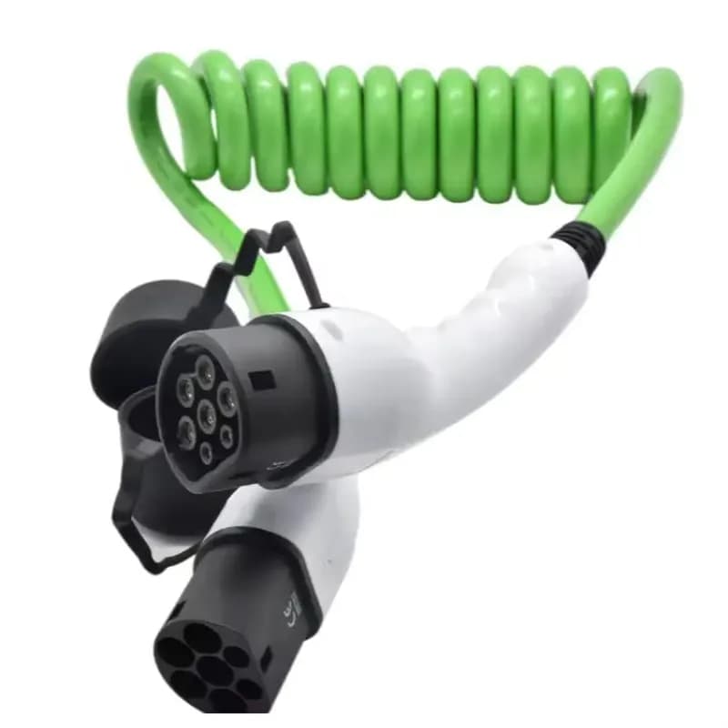 Electric type 2 charging connector with 32A single-phase green spiral cable according to IEC 62196