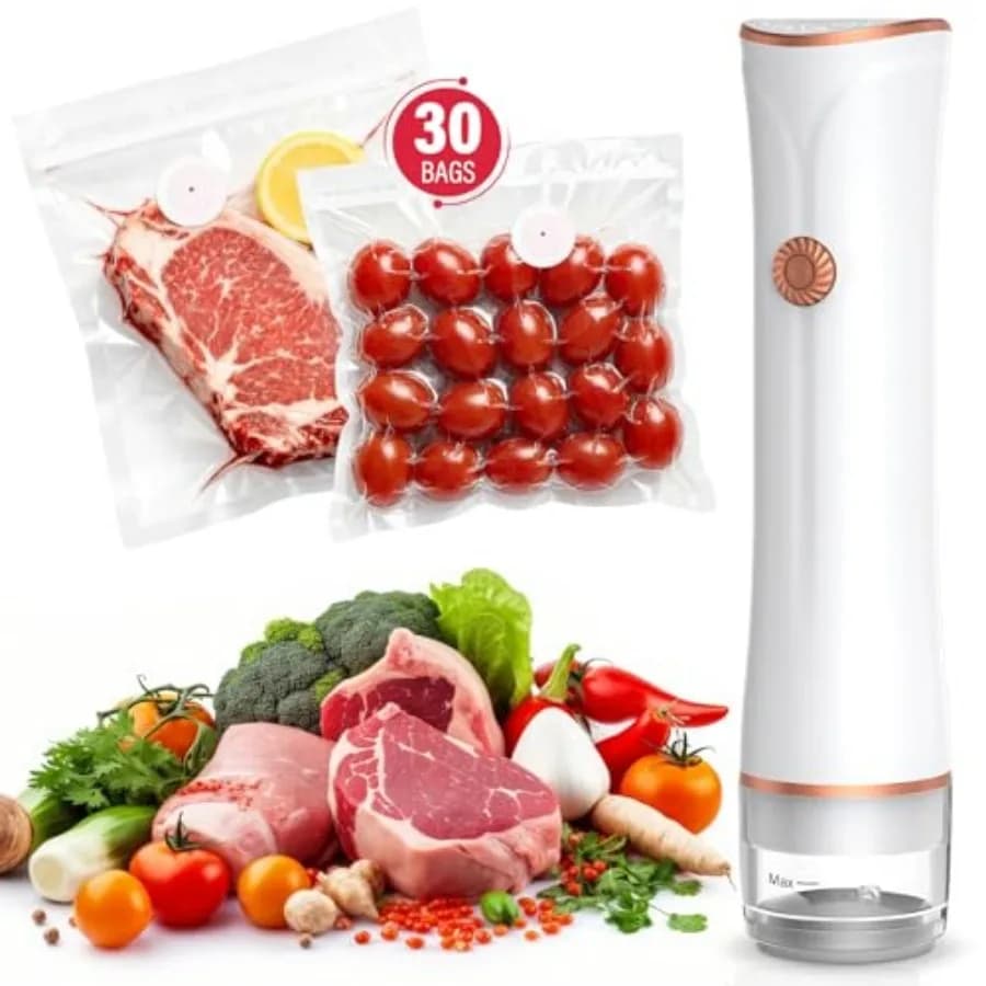Sigillatrice Sottovuoto Portatile 60kPa con 30 Sacchetti Riutilizzabili, Mini Sigillatrice Ricaricabile per Conservazione Alimenti Sous Vide