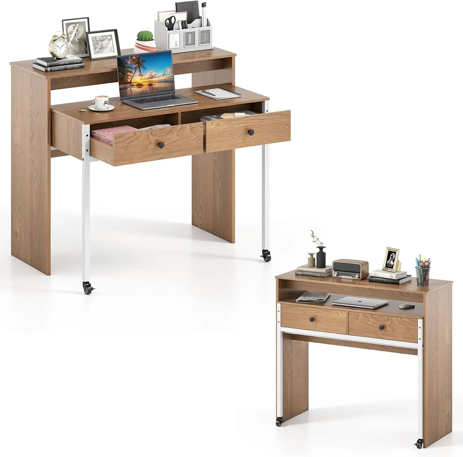 Small computer desk with drawers and drawers, extendable desk with pull-out secondary table, monitor and wheel support