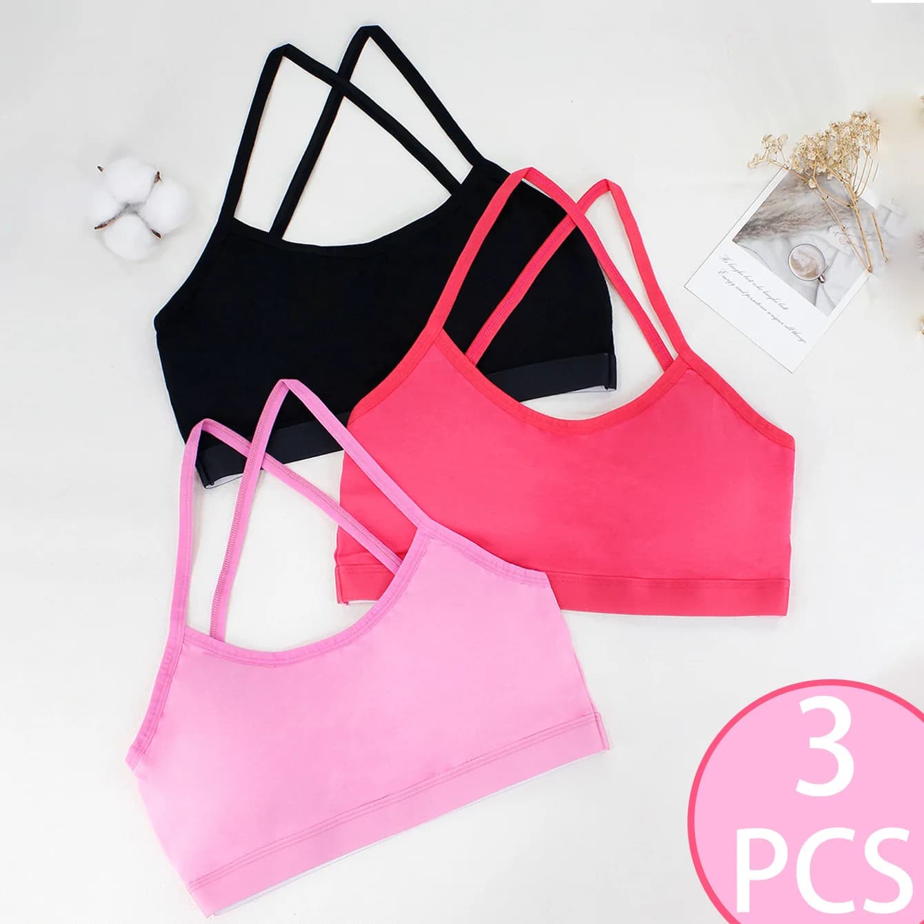 Reggiseno in cotone tinta unita da 3 pezzi per ragazze di 13-16 anni Periodo di sviluppo Gilet sportivo con cinturino Intimo confortevole per adolescenti