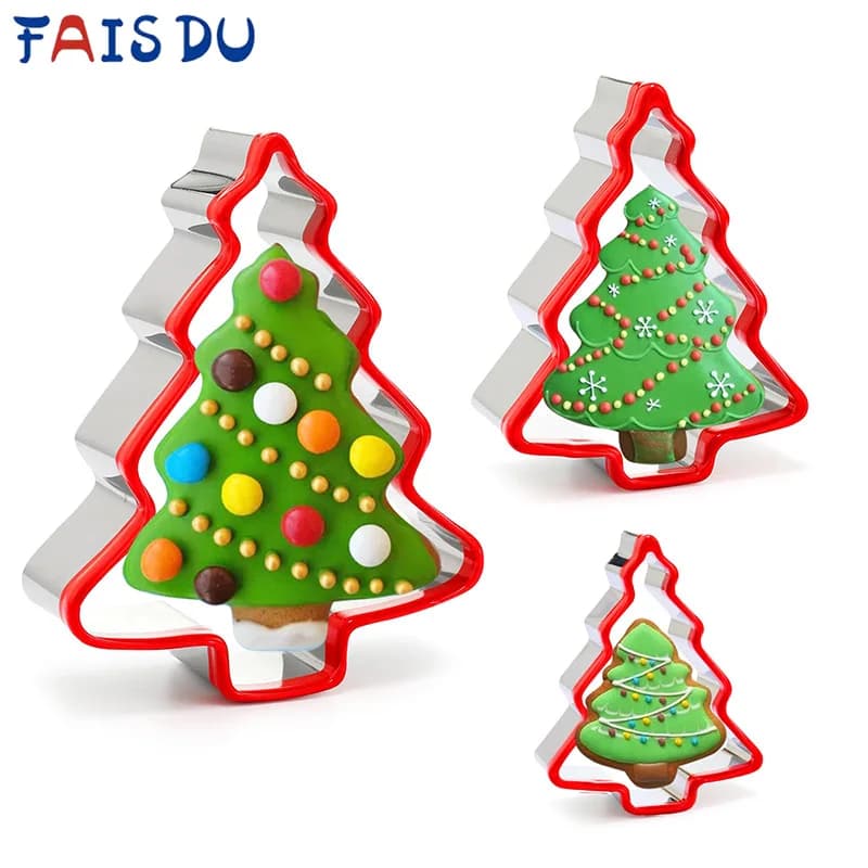 FAIS DU 3 Pieces Christmas tree biscuits for Christmas tree moulds set in stainless steel to bake in the oven with red environmental PVC