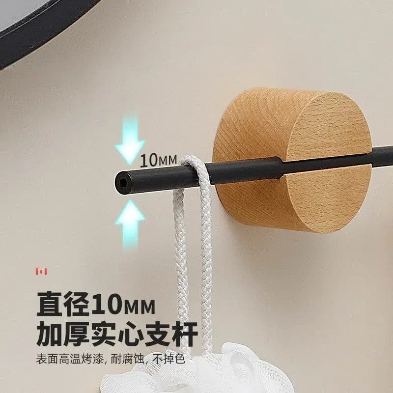 Wooden Base Black Towel Rack 10MM Thick Solid Rod Wall Mounted Bathroom Hardware Rustproof High Temperature Paint Towel Bar for