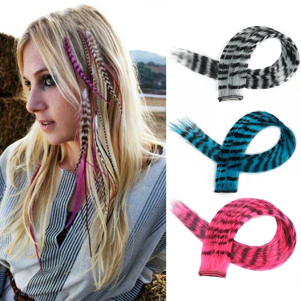 Extension per capelli sintetici da 18 pollici, lunga e liscia, per donna, resistente alle alte temperature, con clip, parrucca con piume, blu rosa colorato