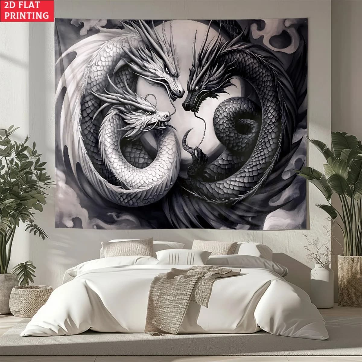 Black and White Yin Yang Dragon Tapestry Asian Mythology Art Wall Hanging Decor Chinese Style Home Interior Design