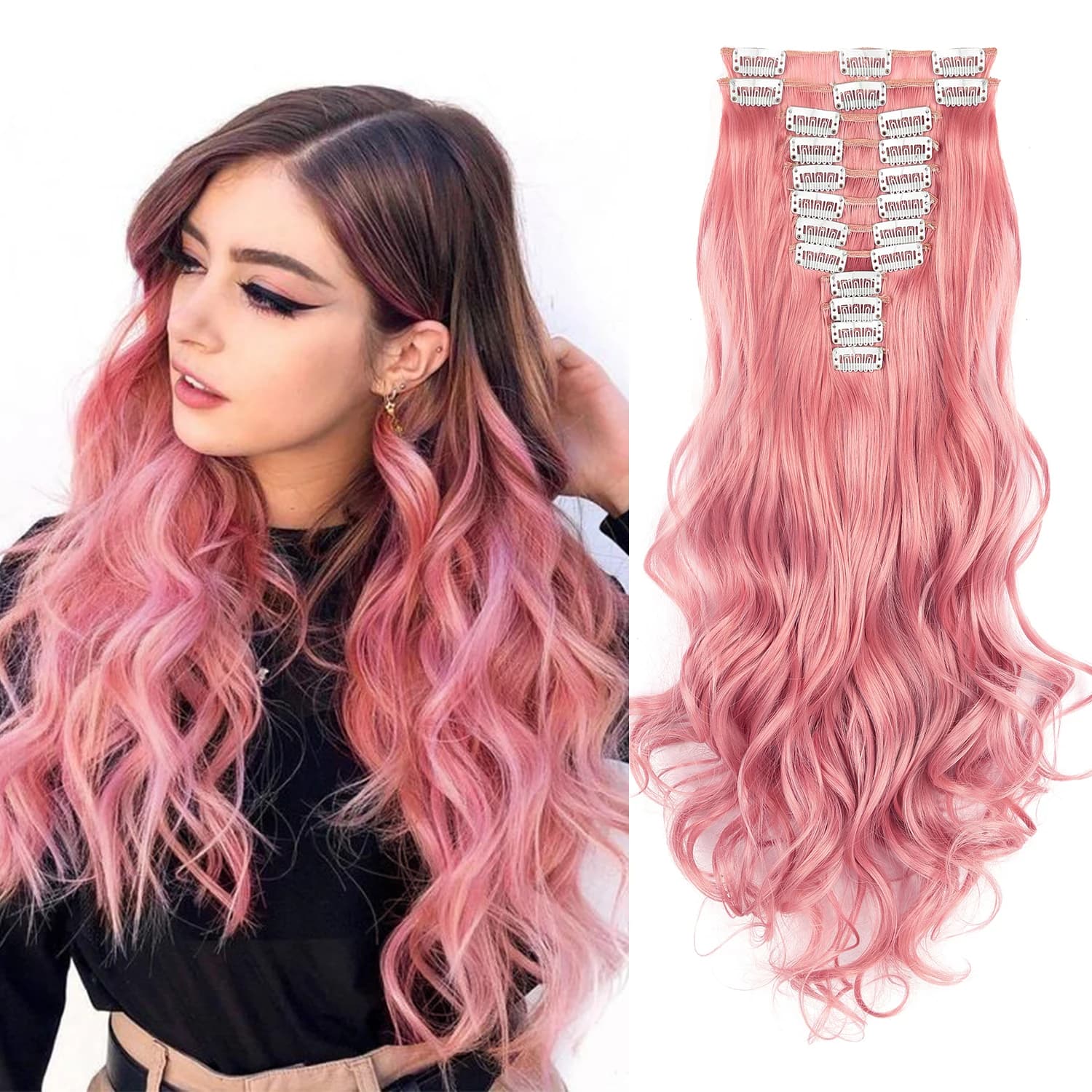 Extension for Synthetic Hair Clips Pink 22 Inch Corrugated Style 12 Pieces/Set Mixed Colors for Women and Girls Daily Use and Festive