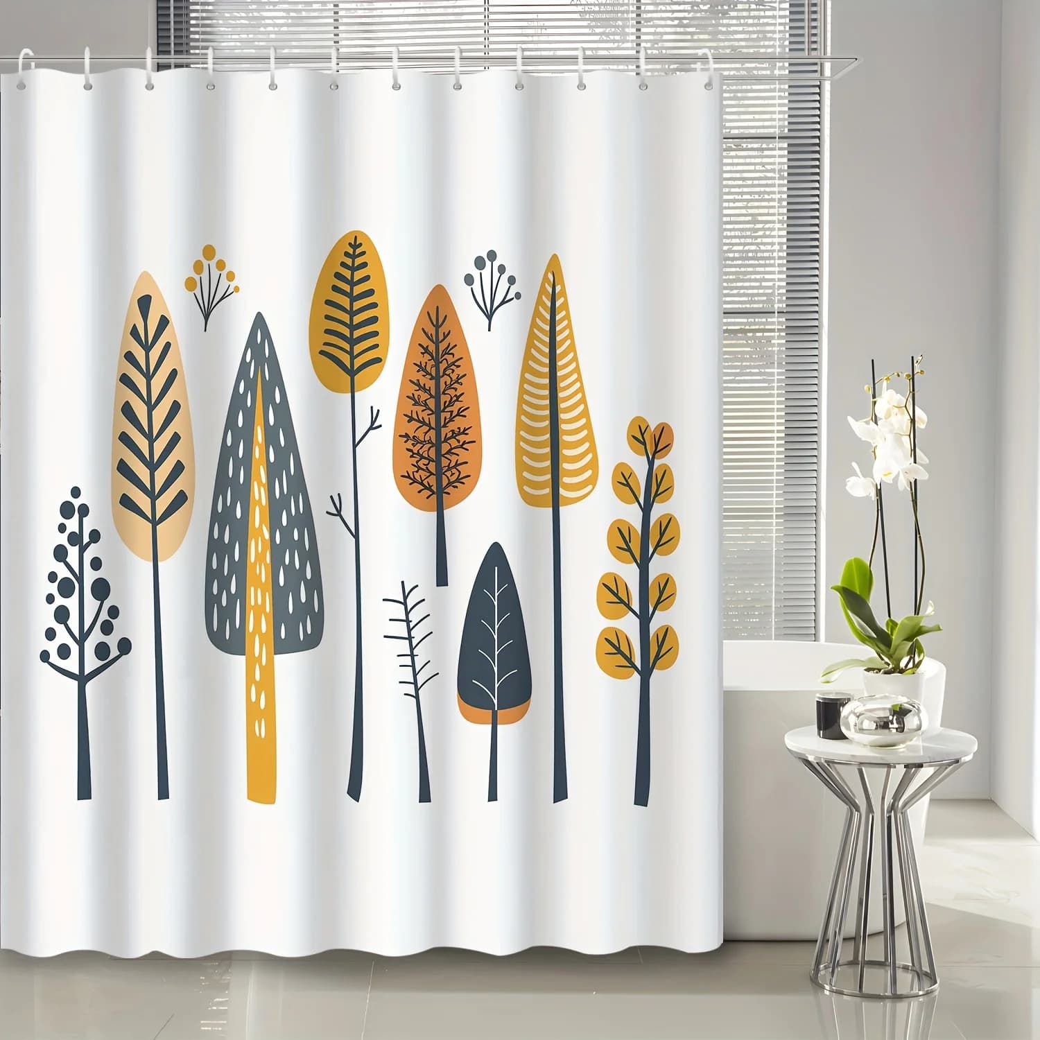 Tenda da doccia in legno con linea astratta vintage autunnale - 12 ganci, 70x70 pollici, arredamento per il bagno