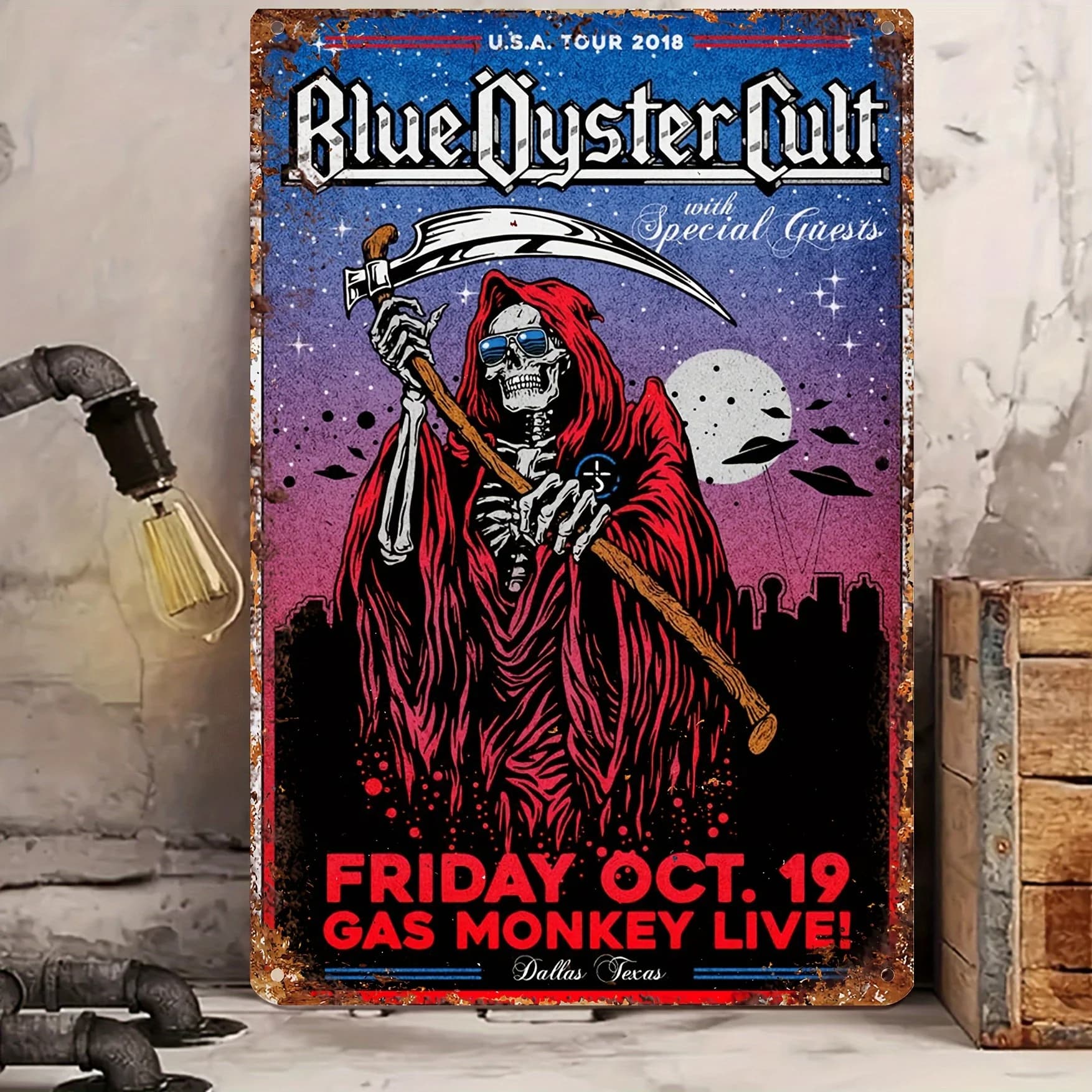 Blue Oyster Cult Vintage Metal Sign, , Art Deco Aluminum Wall Hanging, Skull Design, Pop Culture Theme, Iron Material, English T