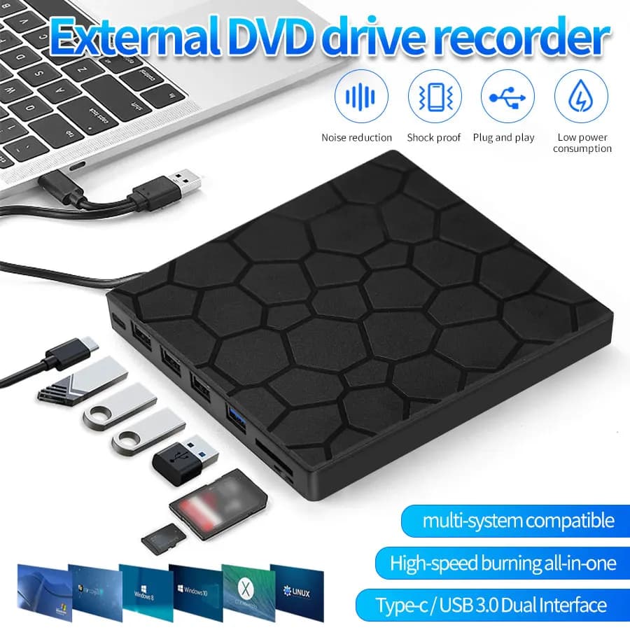 Lettore DVD portatile Unità CD/DVD esterna 7 in 1 Masterizzatore CD USB 3.0 tipo C Unità disco esterna per desktop Mac Windows Linux