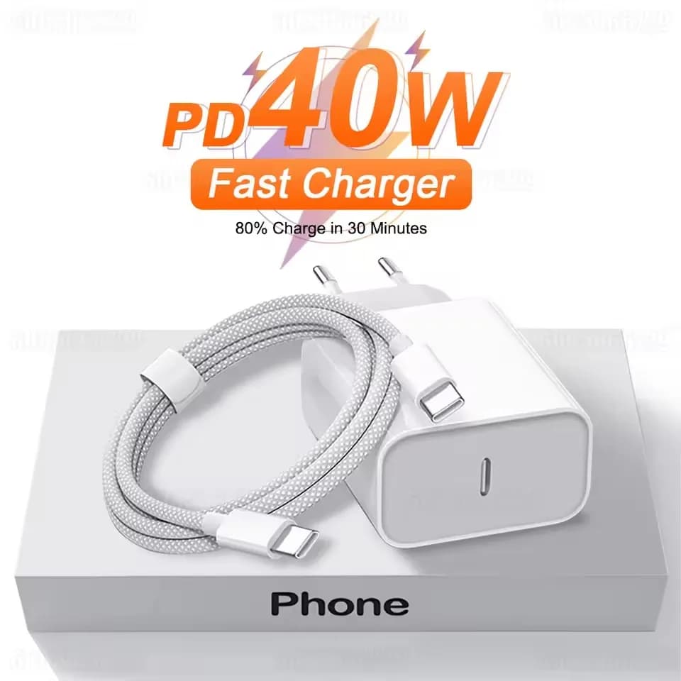 PD 40W USB C Charger with Quick Charging Cable for iPhone 17 16 15 Pro Max Air Mini, Type C Data Cable, Telephone Fast Charging Power Adapter