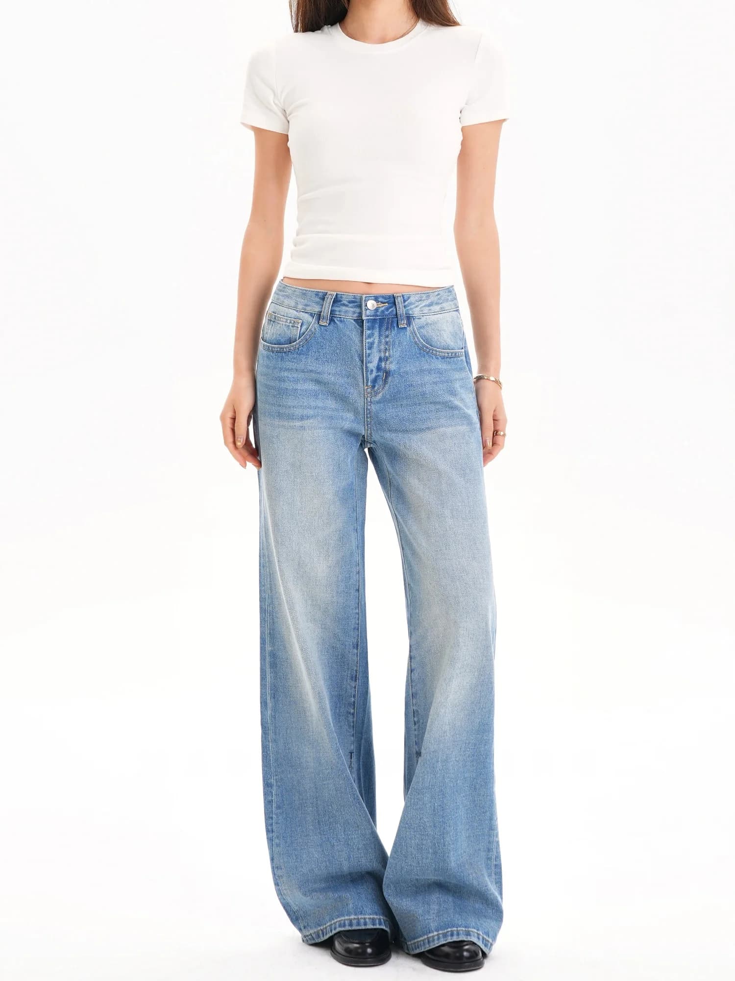 Jeans Classici Blu Chiaro a Gamba Dritta per Donna, Pantaloni Casual Lunghi Stile Vintage con Chiusura a Cerniera