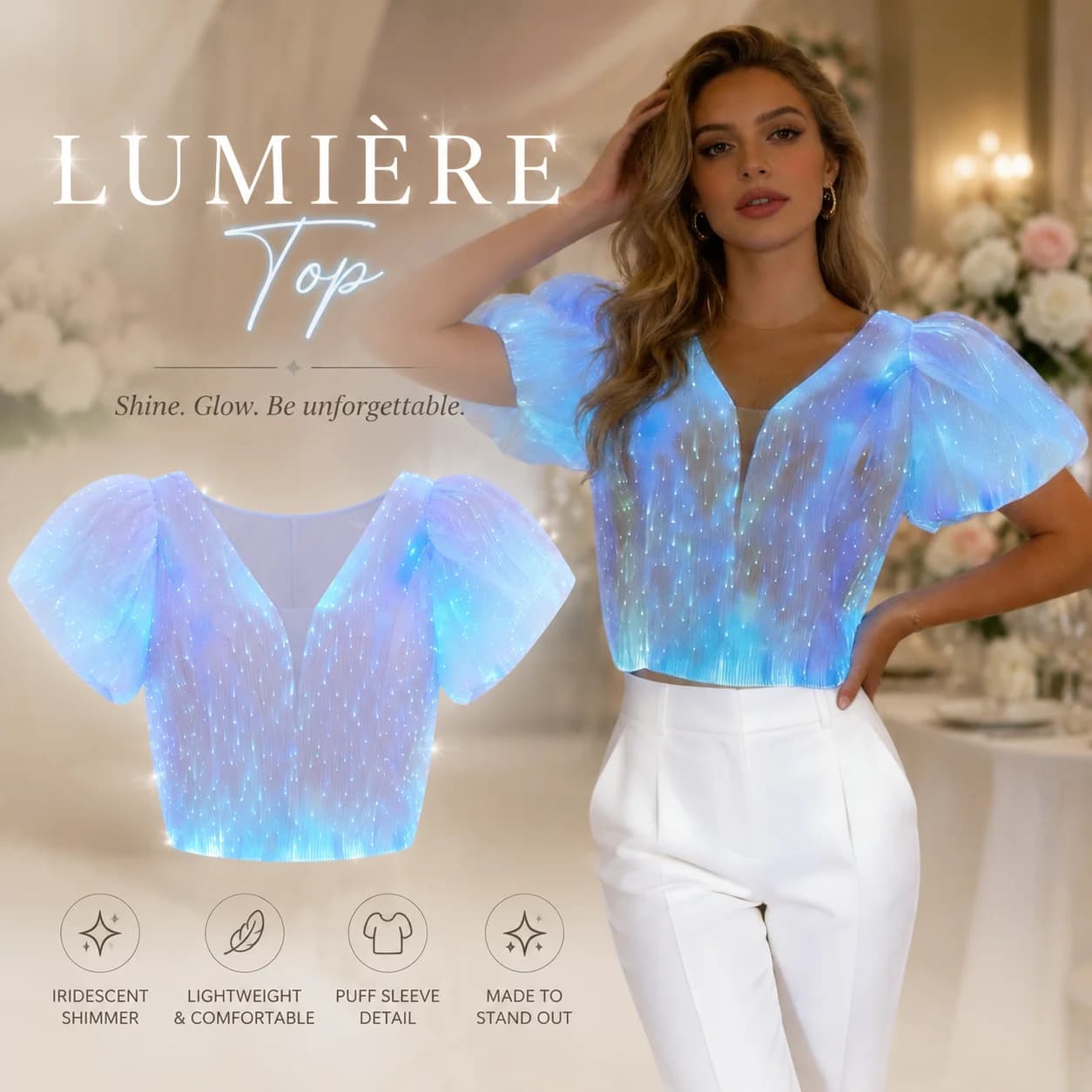 Women’s Custom Made – Glowing V-Ne Electric Aurora Neon LED Top Light-Up Festival Bodice with Puff Sleeves