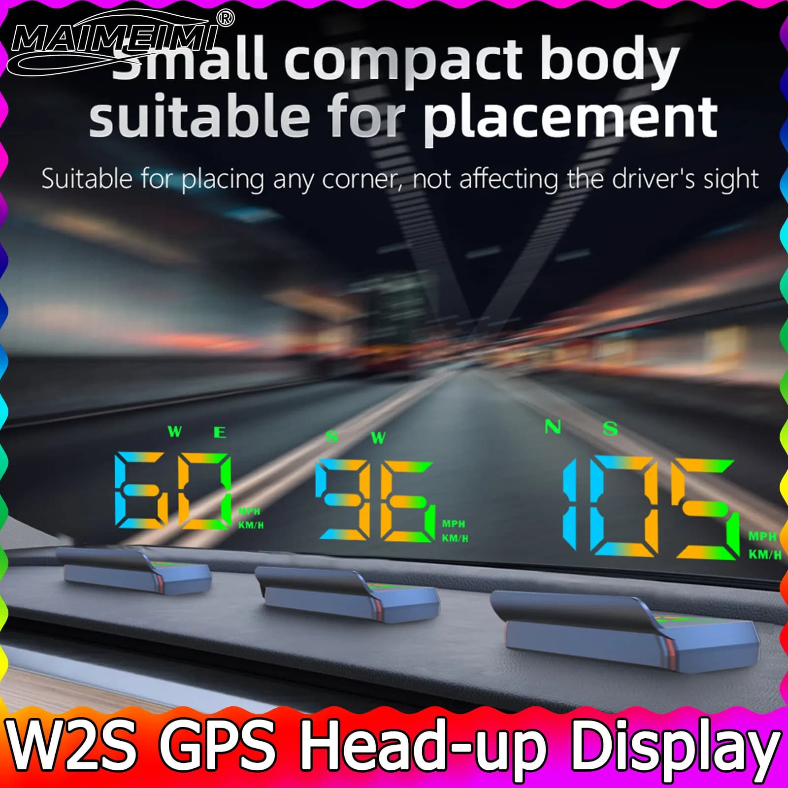 W2 HUD Head Up Universal GPS Display for Auto, KMH Tachometer, Windscreen Projector, USB Type-C Cable, Double Plug and Play Data