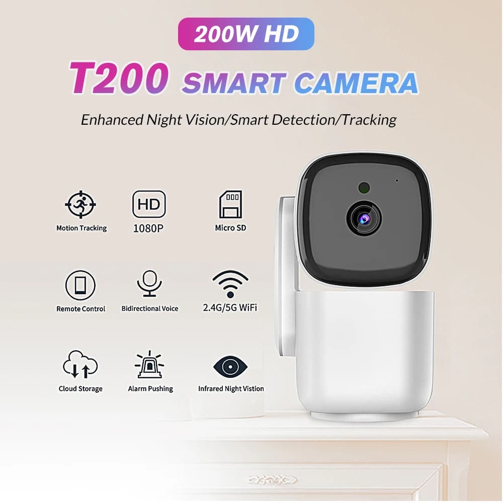 T200 1080P Indoor PTZ Security Camera 355° Pan 90° Tilt Auto Motion Tracking Dual Band 2.4G 5G WiFi Two Way Audio Infrared Night Vision Baby Pet Monitor Support TF Card Cloud Storage Home Surveillance Camera