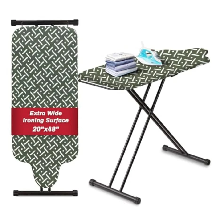 Asse da Stiro Extra Large con Barra Appendiabiti e Supporto per Ferro da Stiro 163 L x 51 L x 97 H cm, Grigio con Motivo Geometrico, per un Facile Utilizzo Domestico