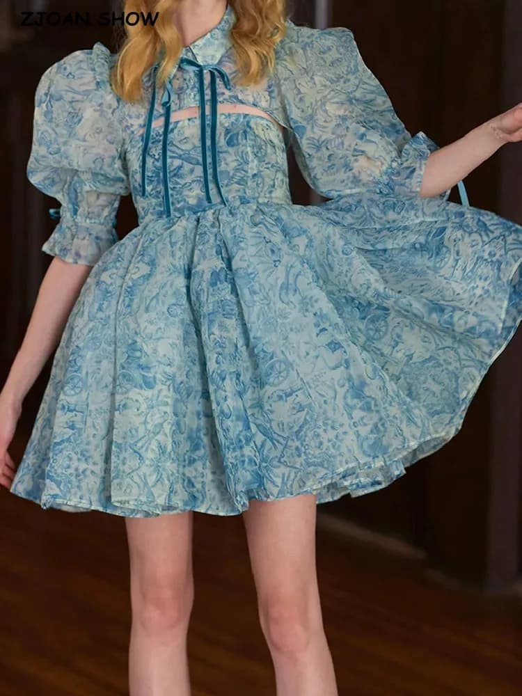 Palace Princess Blue Flower Print Organza Dress With Bandage Rope Half Puff Sleeve Lapel Crop Top Ball Gown Mini Fairy Robe