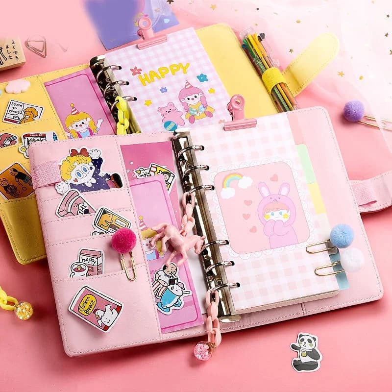 Quaderno Kawaii di carta a colori quaderno quaderno carino A6 agenda ad anello blocco Note diario griglia raccoglitore per Notebook in pelle per studenti in bianco