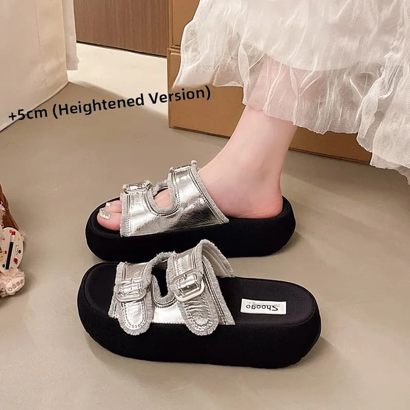 Thick Heel Casual Women's Sandals Summer Outdoor Wear 2026 New Fashion Frayed Slippers Small Size Platform Heightening S...