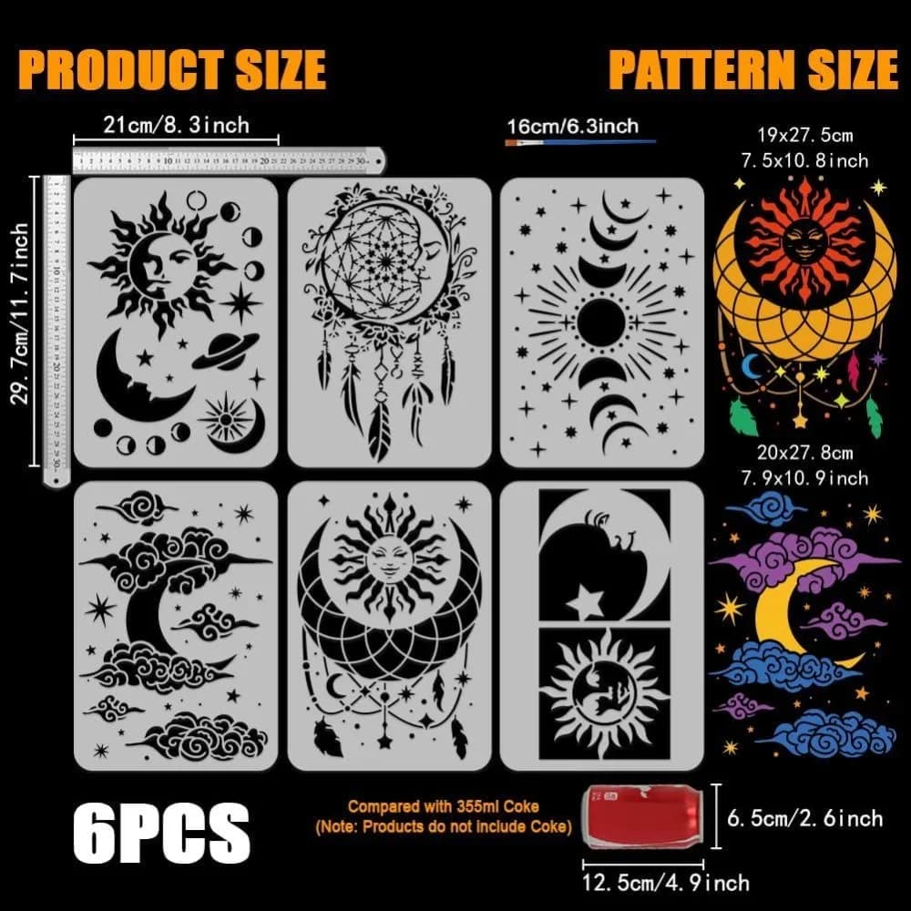 6 PCS Sun Moon Stars Stencils with Brush 8.3x11.7inch Dream Catcher Stencil Clouds Moon Phases Template Fantasy Theme