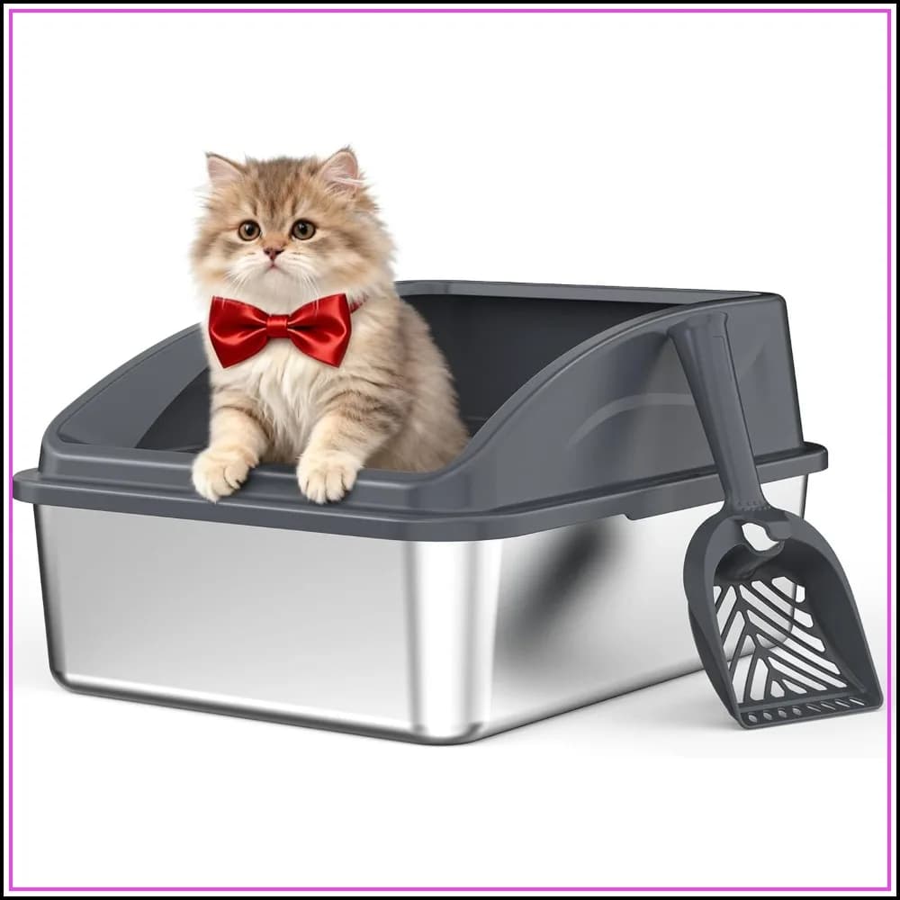 Stainless Steel Litter Box with Lid, Low Entry for Small Cats, Odor-Free, Non-Stick, Includes Scoop