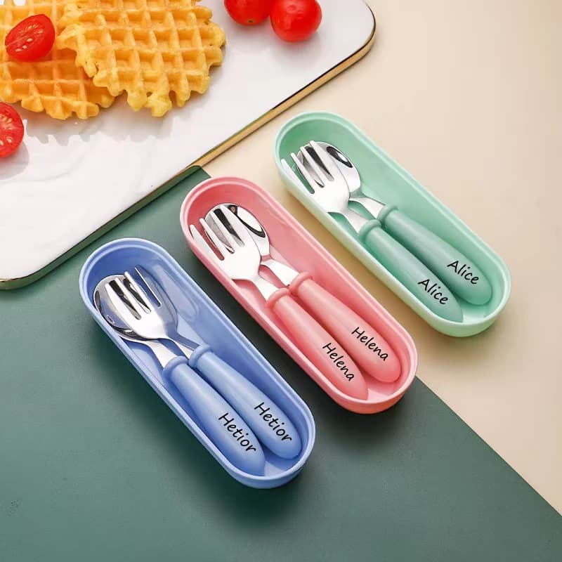 Customizable Name 3-Piece Children's Dining Set Spoon Fork Storage Box Portable Kids Tableware Kit