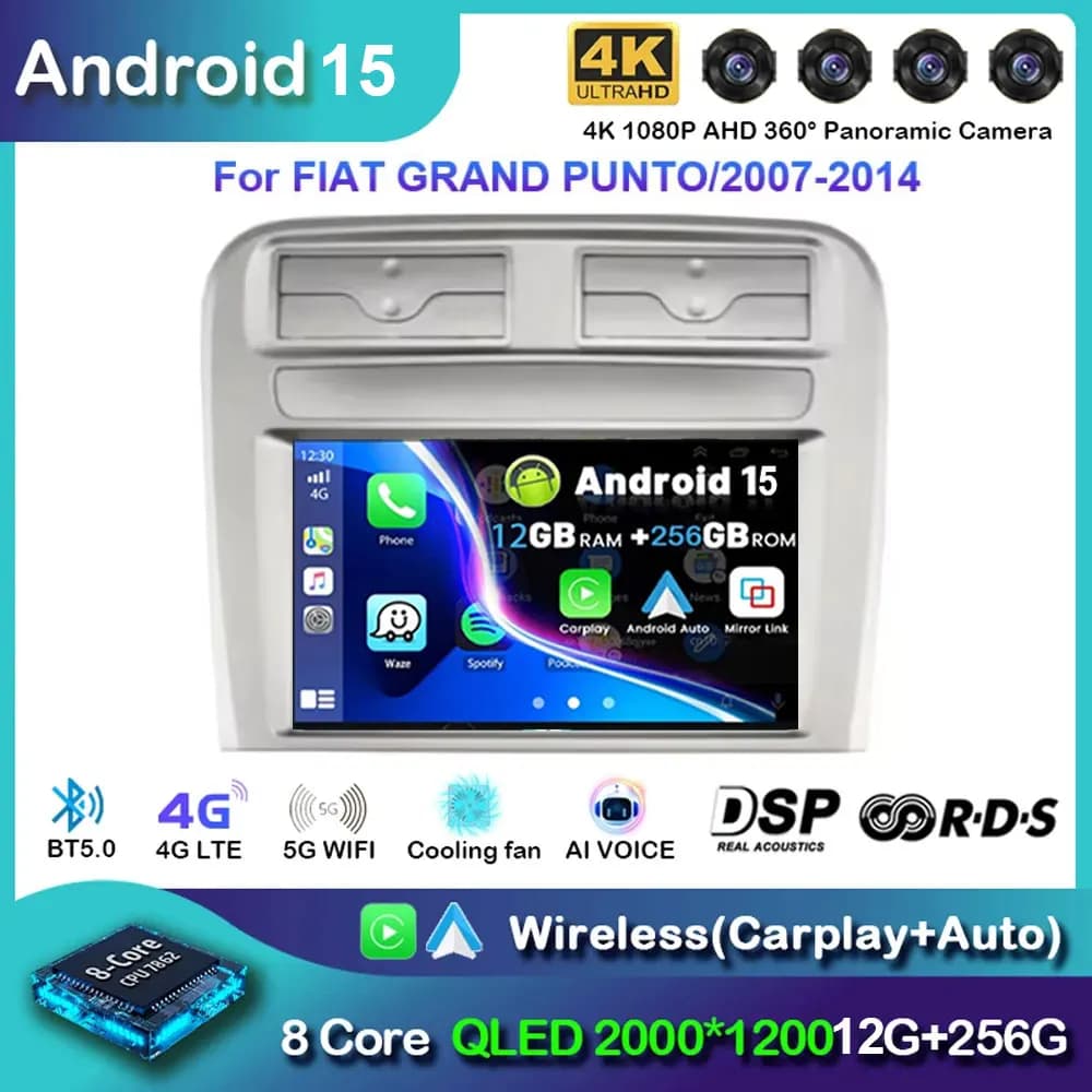 9 POLLICI Android 15 For FIAT GRAND PUNTO/2007-2014 Autoradio Multimedia Video Reader GPS Navigation Carplay QLED Touch Screen