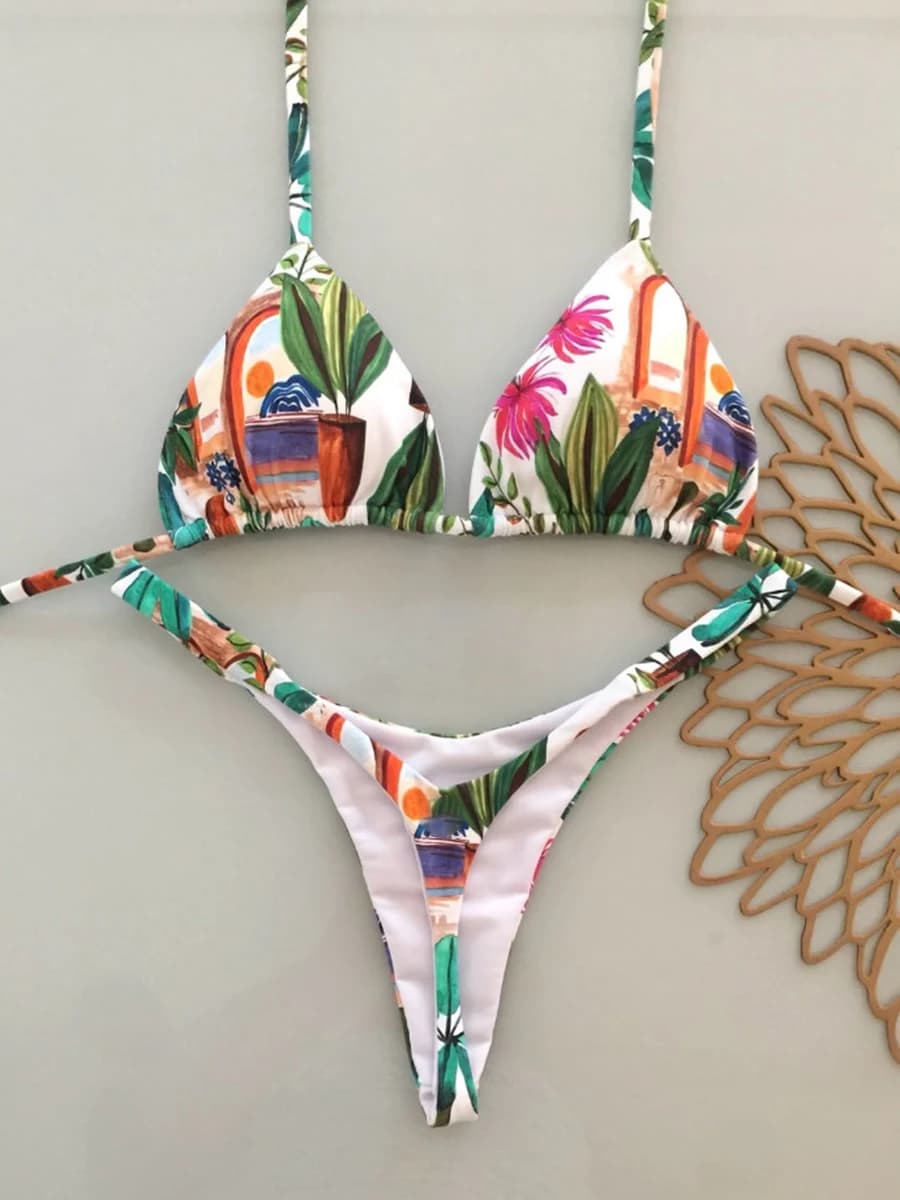 2026 Printed Thong Bikinis Padded Trikini Swimsuit Women Sexy Brazilian Swimwear Female Bathers Bathing Swimming Swim Suit Beach