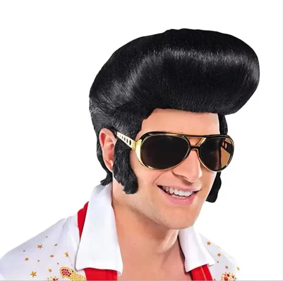Vendita calda spot Elvis parrucca occhiali nuovo cantante rock maschile Elvis parrucca Cosplay Elvis parrucca nera resistente al calore per capelli sintetici ca