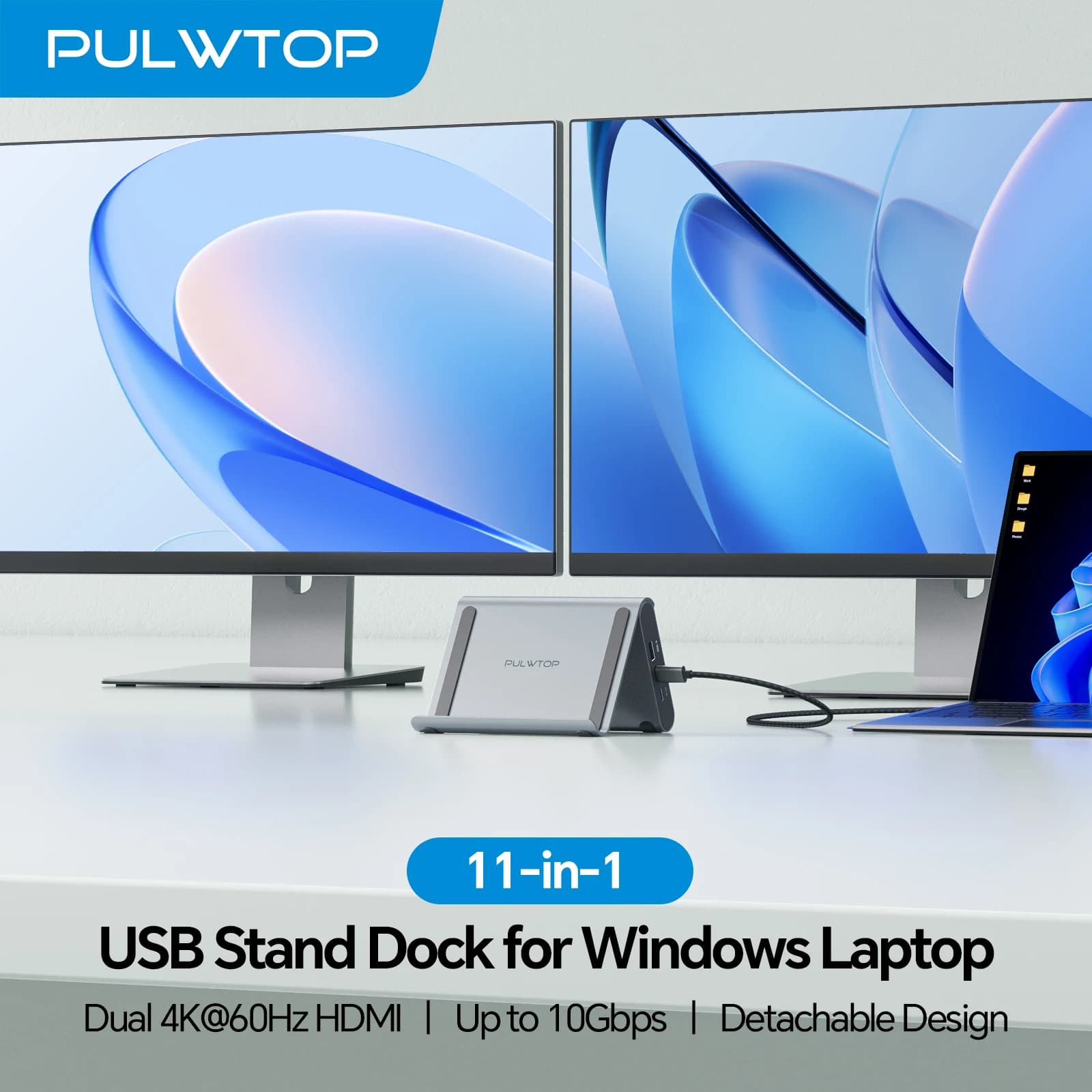 Docking station USB C PULWTOP con 2 HDMI 4K, USB-C/A 10 Gbps, USB-A 5 Gbps, RJ45, PD per Surface Pro 11/10/9/8/Dell/HP/Lenovo