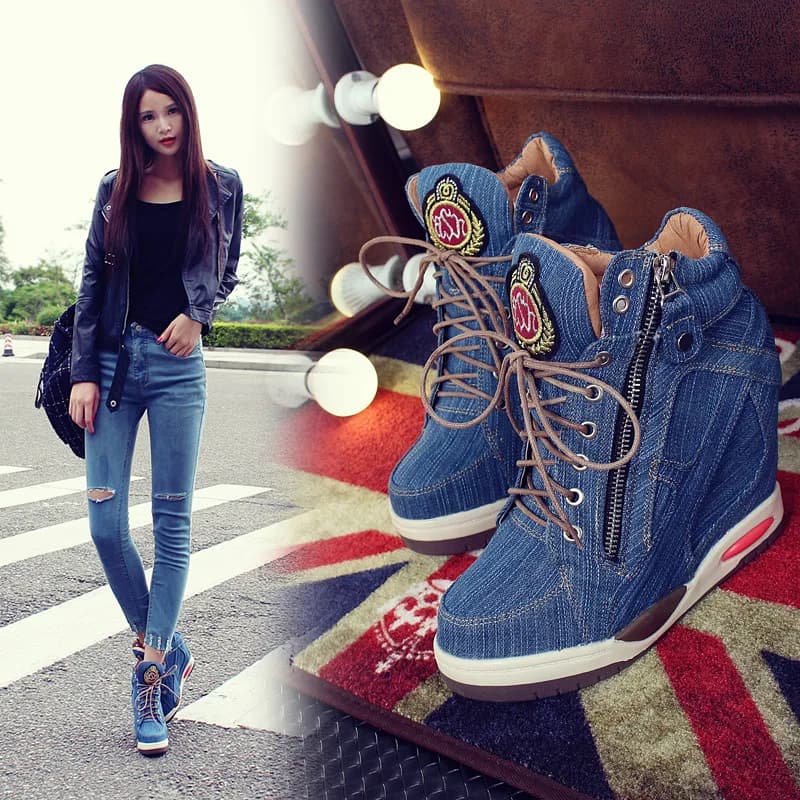 Scarpe da ginnastica con zeppa in denim da donna di grandi dimensioni Piattaforma autunnale Moda casual da donna Cerniera laterale Scarpa vulcanizzata Fondo spesso Tacco alto